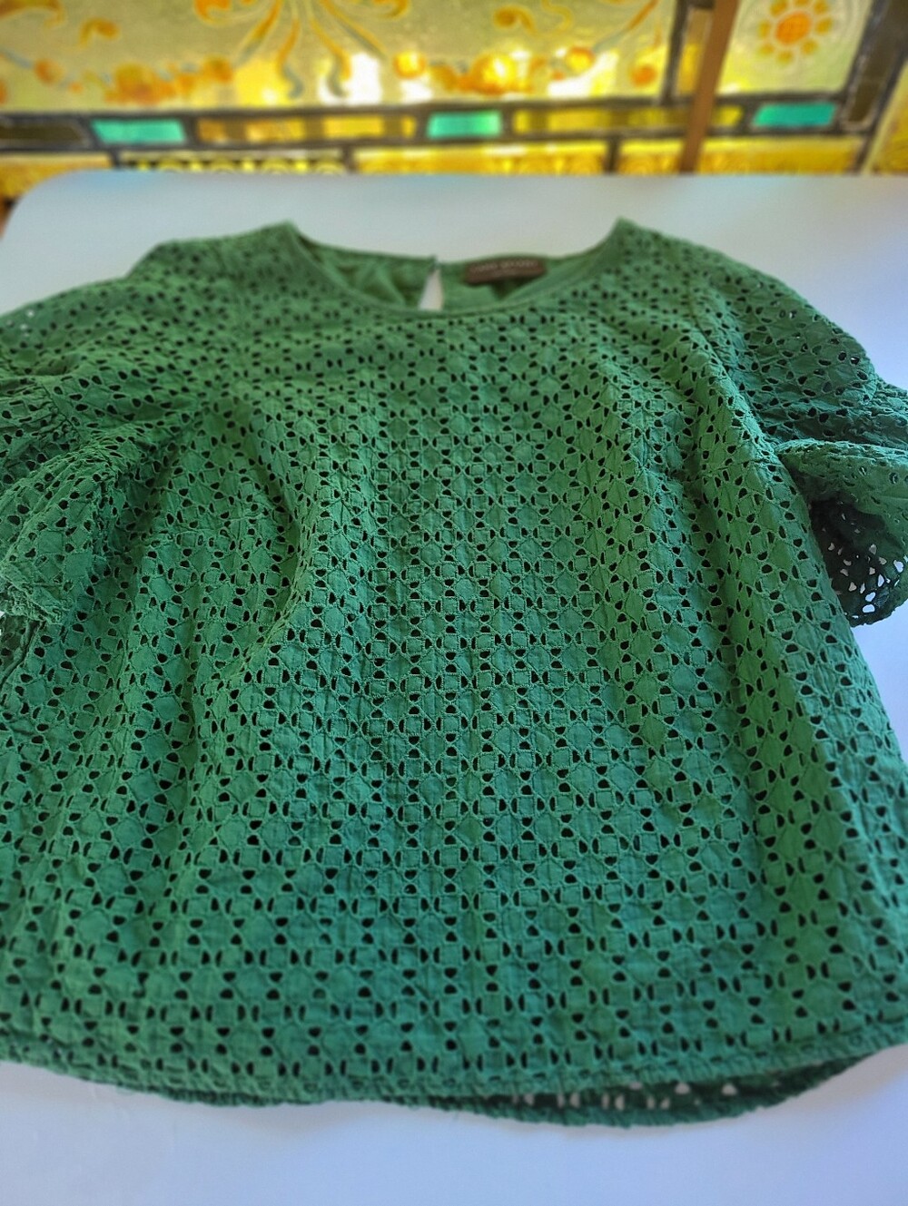 Lane Bryant 16 100% Cotton Green Eyelet Short Sleeve Blouse Round Neck